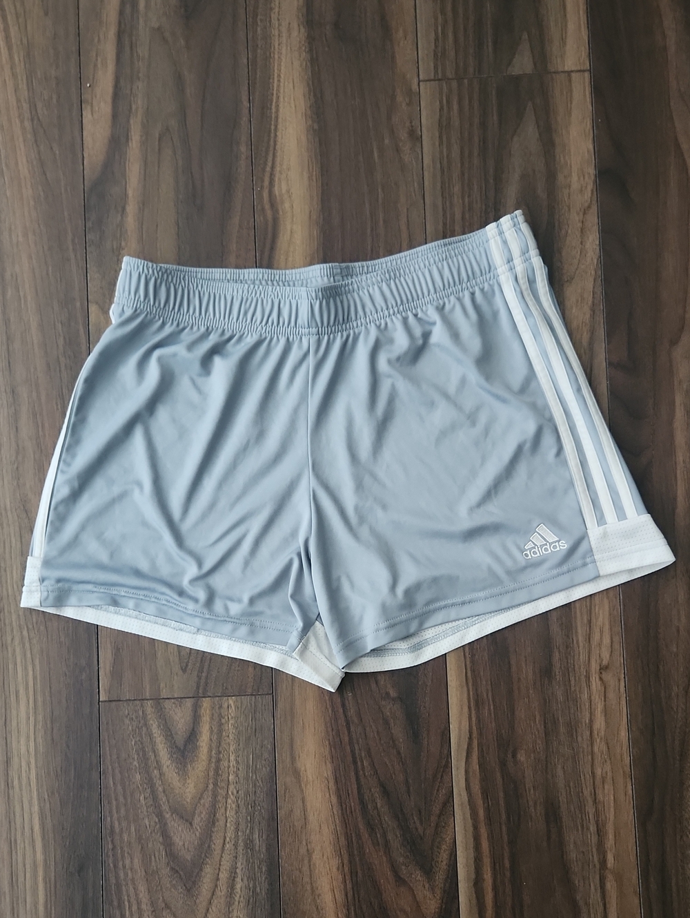 Adidas Women's Light Gray Athletic Shorts with White Stripes
